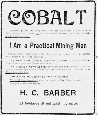Ottawa Citizen November 10, 1906. This ad appeared in several papers. Referring to oneself as a “practical mining man” was a strategy employed by many similarly-minded “entrepreneurs” from this time.